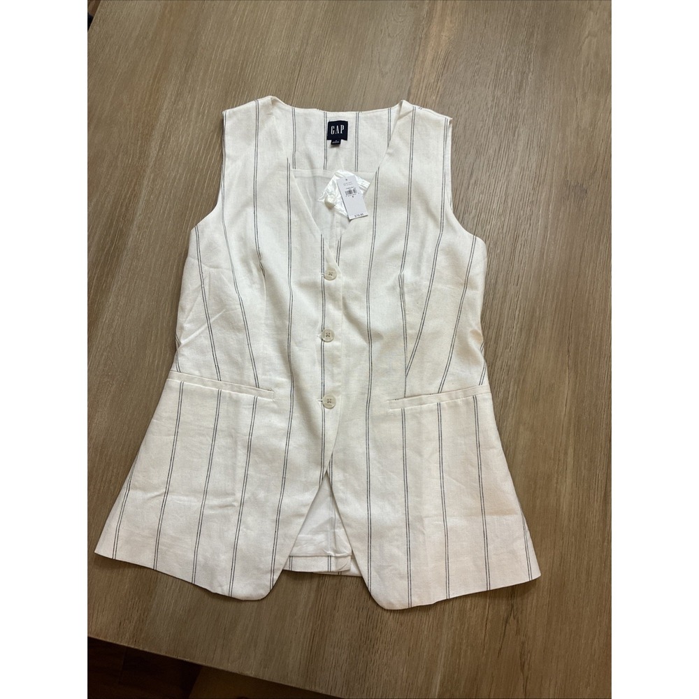 Gap Linen-Blend  Vest Pinstriped Longline White Neutral W/ Black Stripe NWT